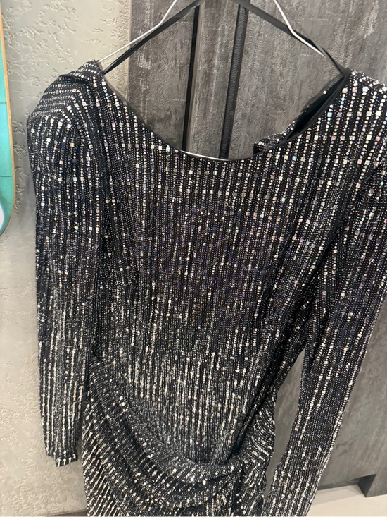 Aqua Formal Black Long-Sleeve Sequin Wrap-Front Mini Dress -NWT